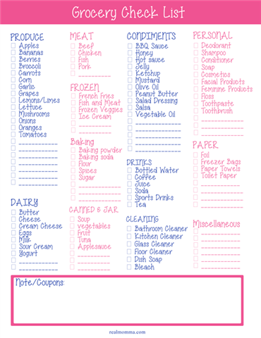 Grocery Shopping List Printable Checklist
